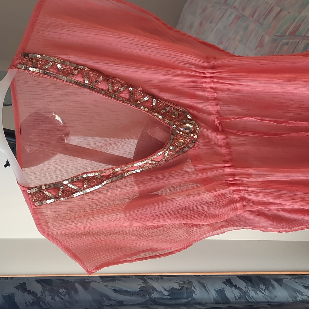 Sheer coral gold kaftan maxi